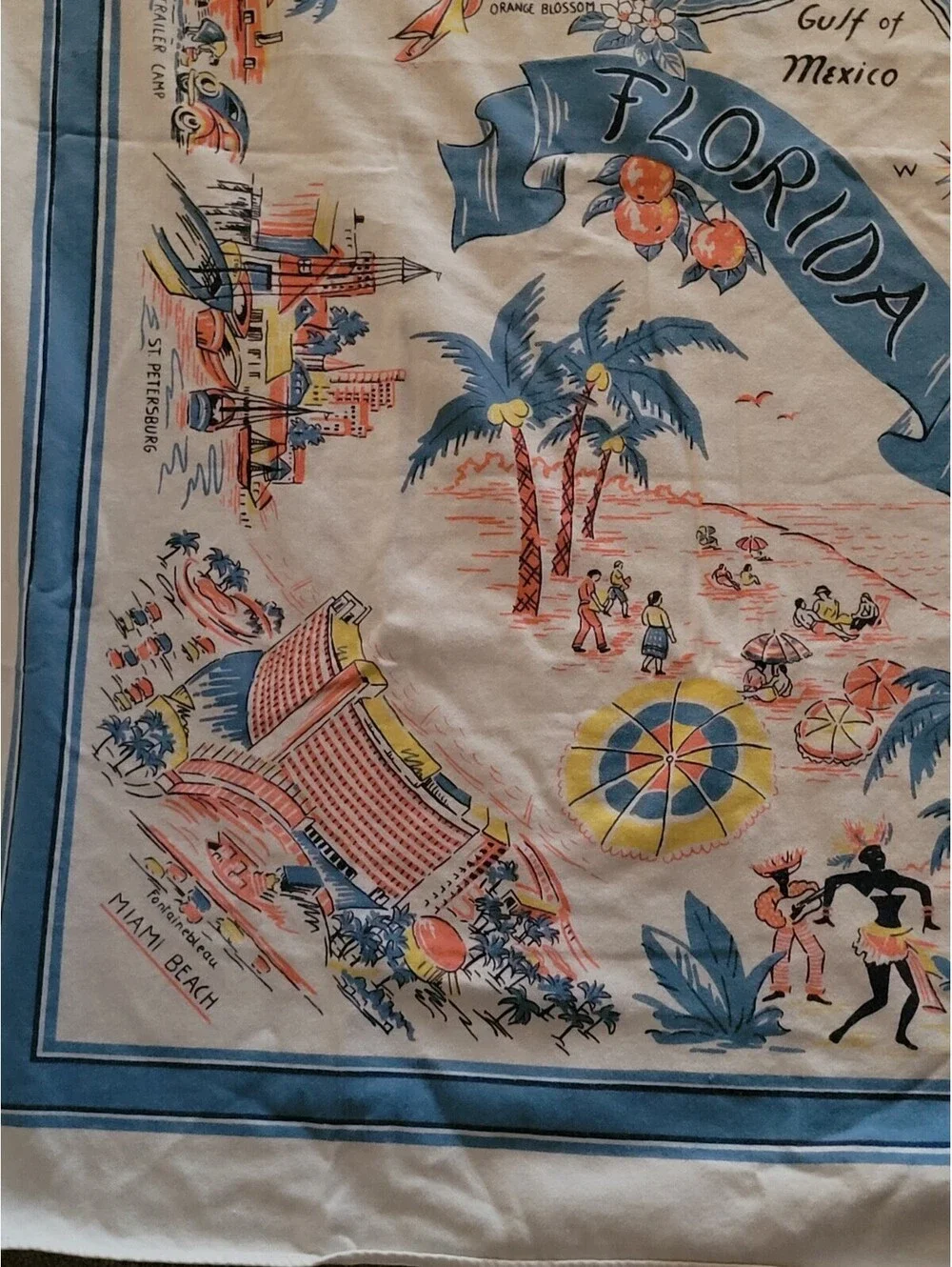 VTG 50's Florida Map Souvenir Tablecloth To Calypso MCM Floridiana 51